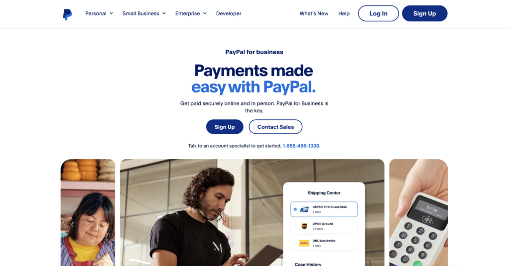 text-center Screenshot of Digital River alternative PayPal for Business' homepage, white background with black and blue text and photos of people and digital devices.