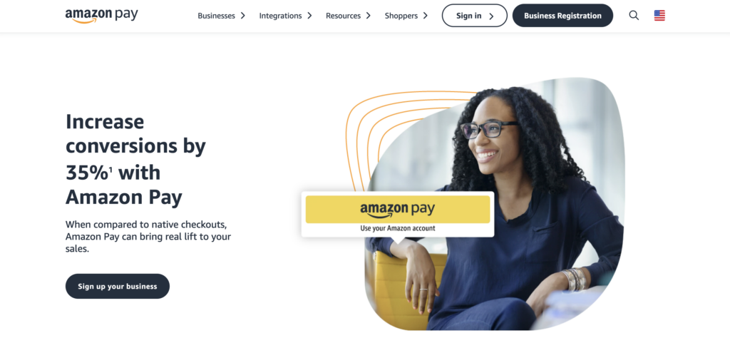 Screenshot of international payment gateway Amazon Pay's homepage, white with black text and a photo of a woman overlayed with a yellow Amazon Pay button.