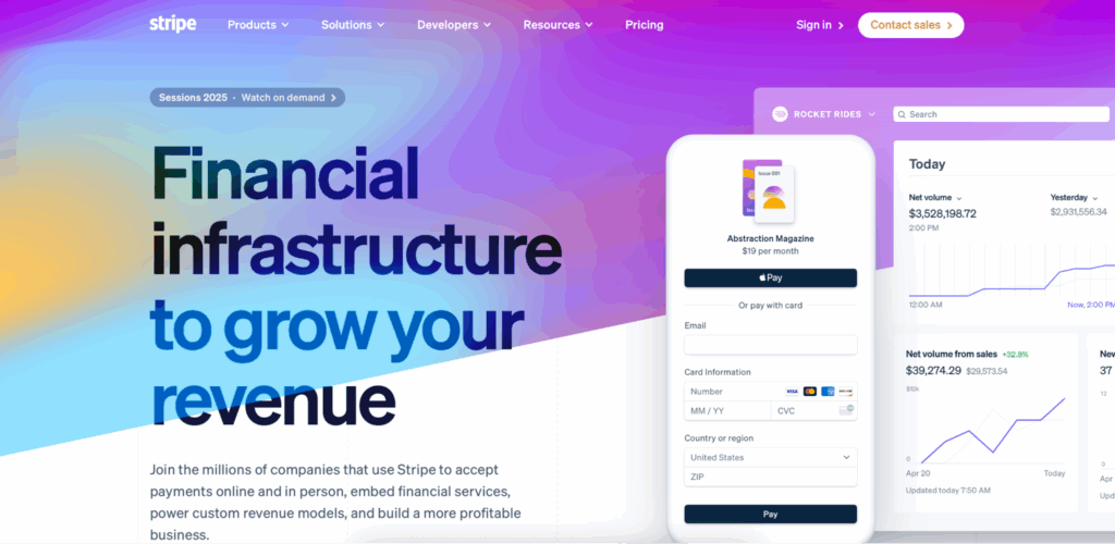A screenshot of Chargebee alternative Stripe's homepage.