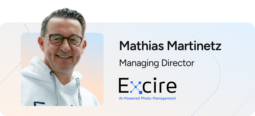 Headshot of Mathias Martinetz with his name and job title Managing Director above the Excire logo.