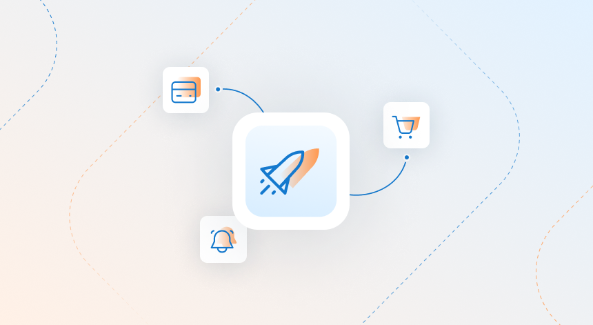 A light orange to light blue background behind a large rocket icon and smaller icons of a credit card, a shopping cart, and a notification bell.