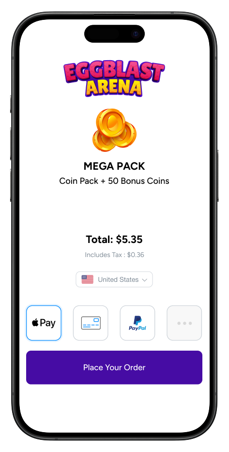 An example screen showing the FastSpring checkout with Apple Pay preselected in addition to credit card and paypal as payment options with more available. Players can click the Place Your Order button to make a purchase.
