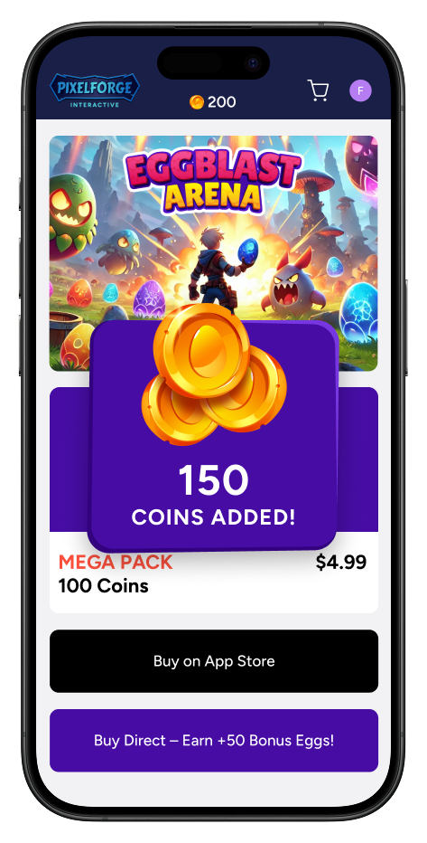 A screen showing a fulfillment in-app of 150 coins added to the players' account. The coins at the top of the screen have updated to 200 coins.