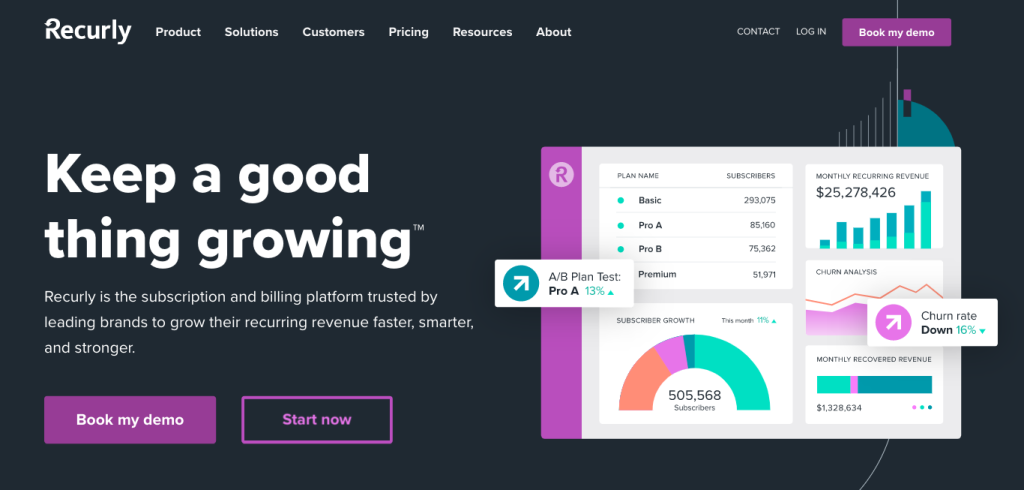 Recurly homepage: Keep a good thing growing