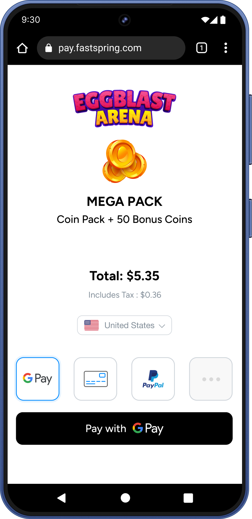 An image of a FastSpring inline checkout for Eggblast featuring Google Pay, Cards, and Paypal as payment methods on a galaxy S25 screen.